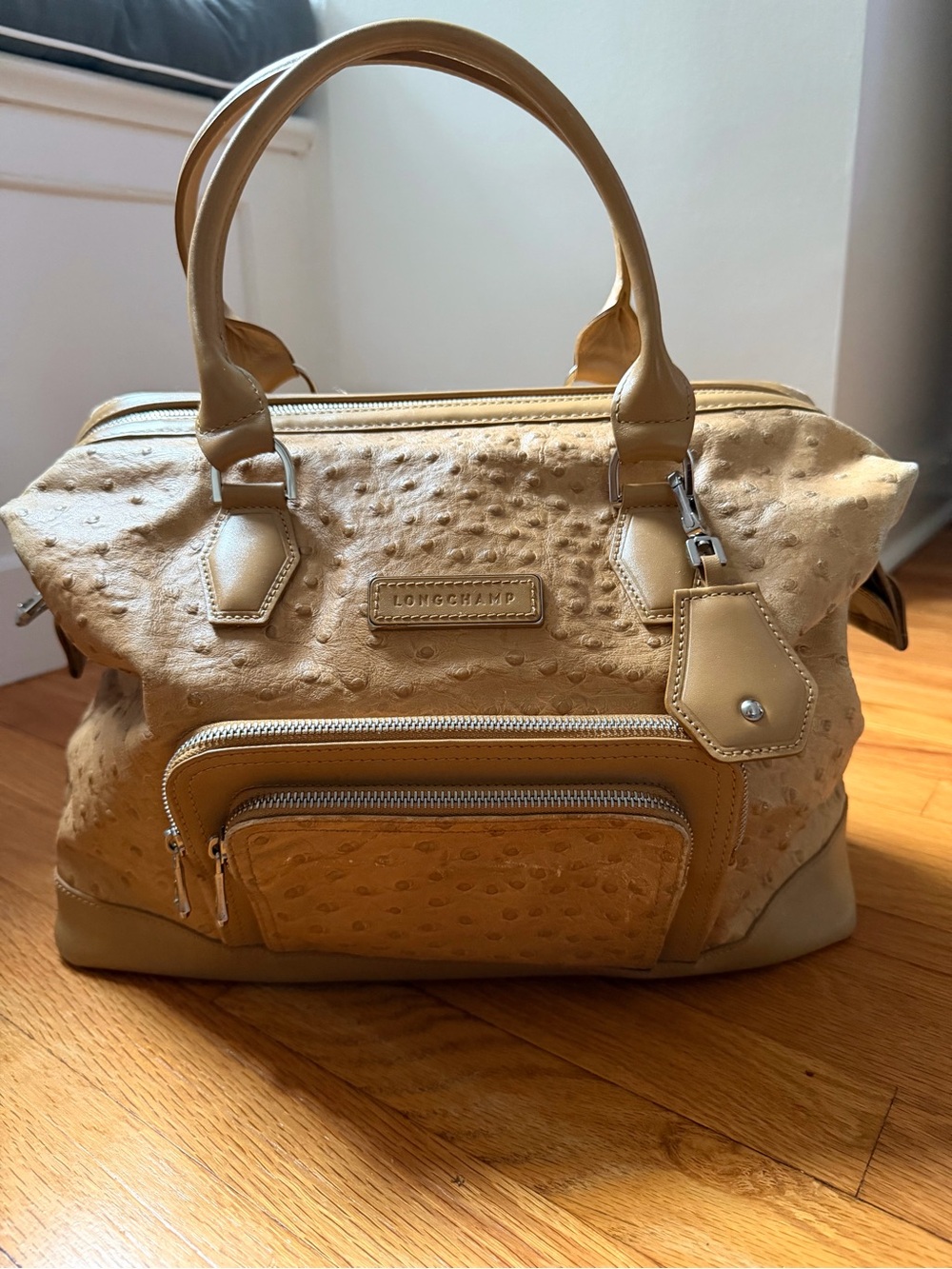 Longchamp Paris Légende Medium Ostrich Embossed Leather Tote Bag Honey Miel